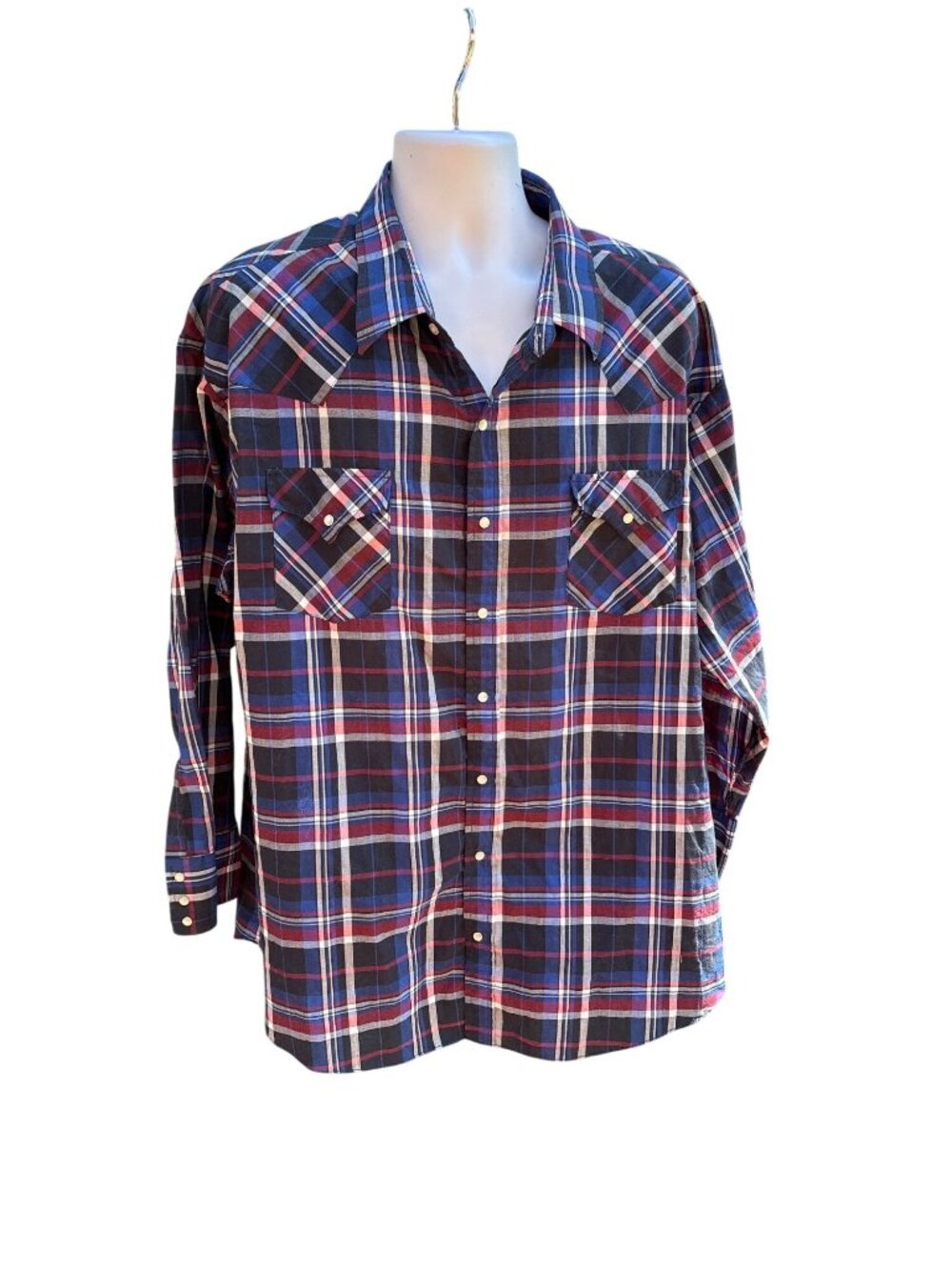 Plains Western Wear Mens Size 3X Red & Blue Plaid Snap-Button Long-Sleeve Shirt